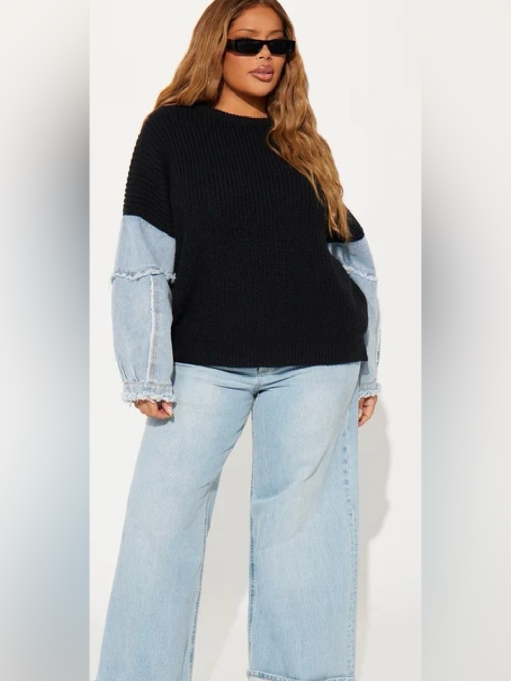 Fashion Nova Black Knit Denim Sleeve Sweater – Size 1X